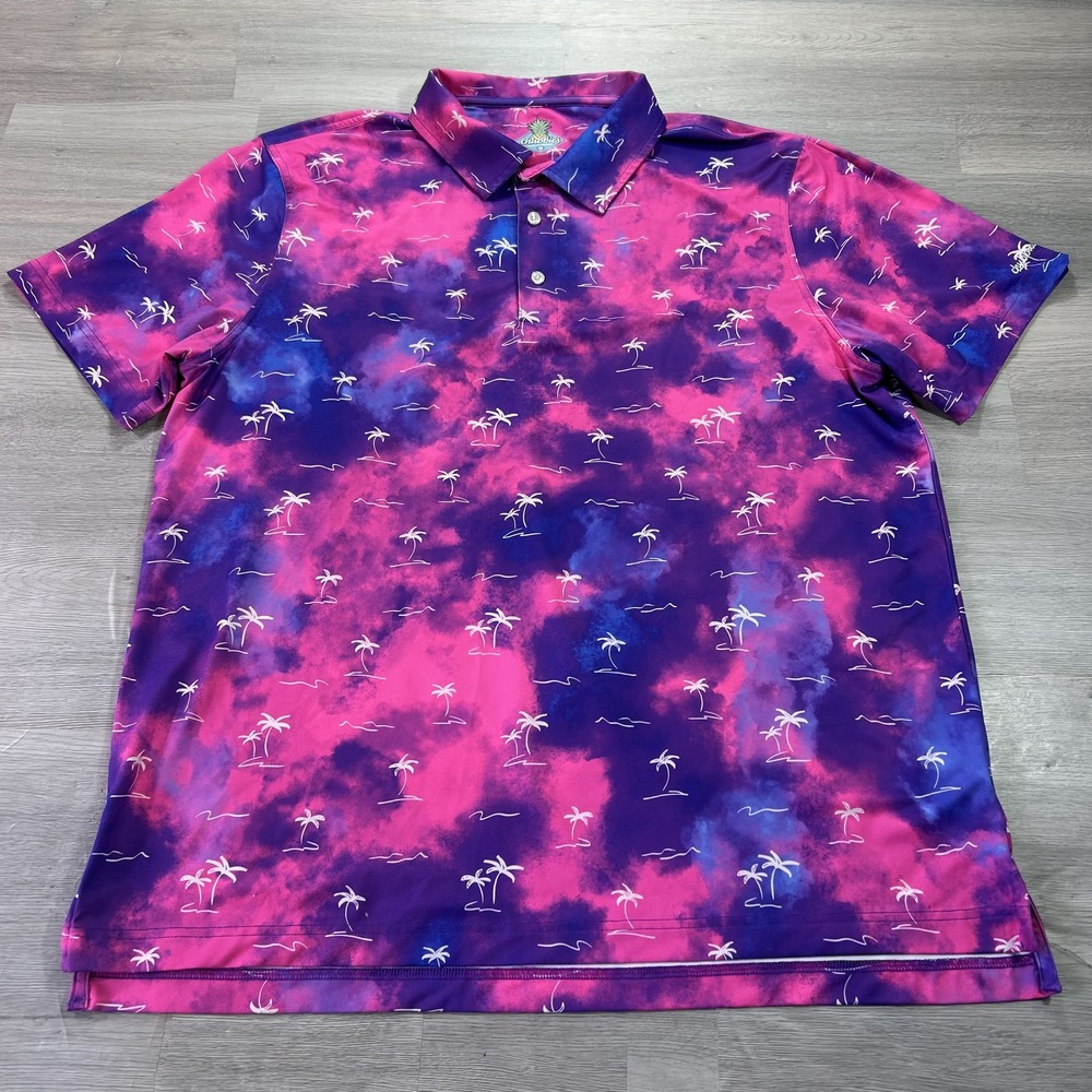 Chubbies Polo Shirt Mens XL Pink Purple Palm Tree Print Golf Stretch Tropical